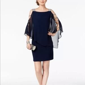 MSK Navy Ball Sleeve Short Sheath Cocktail Dress Medium Wedding Formal Sexy